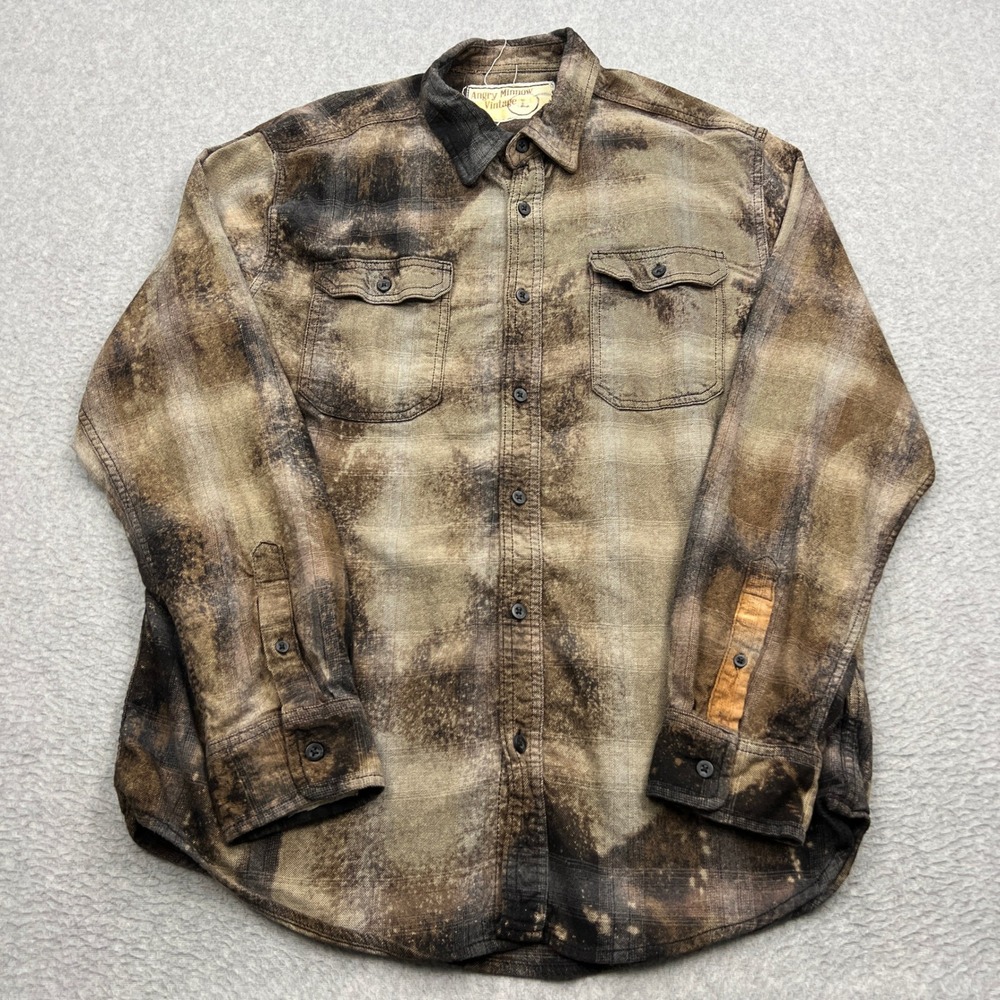Angry Minnow Vintage Flannel Shirt Mens Large Brown Plaid Bleach Distress Grunge